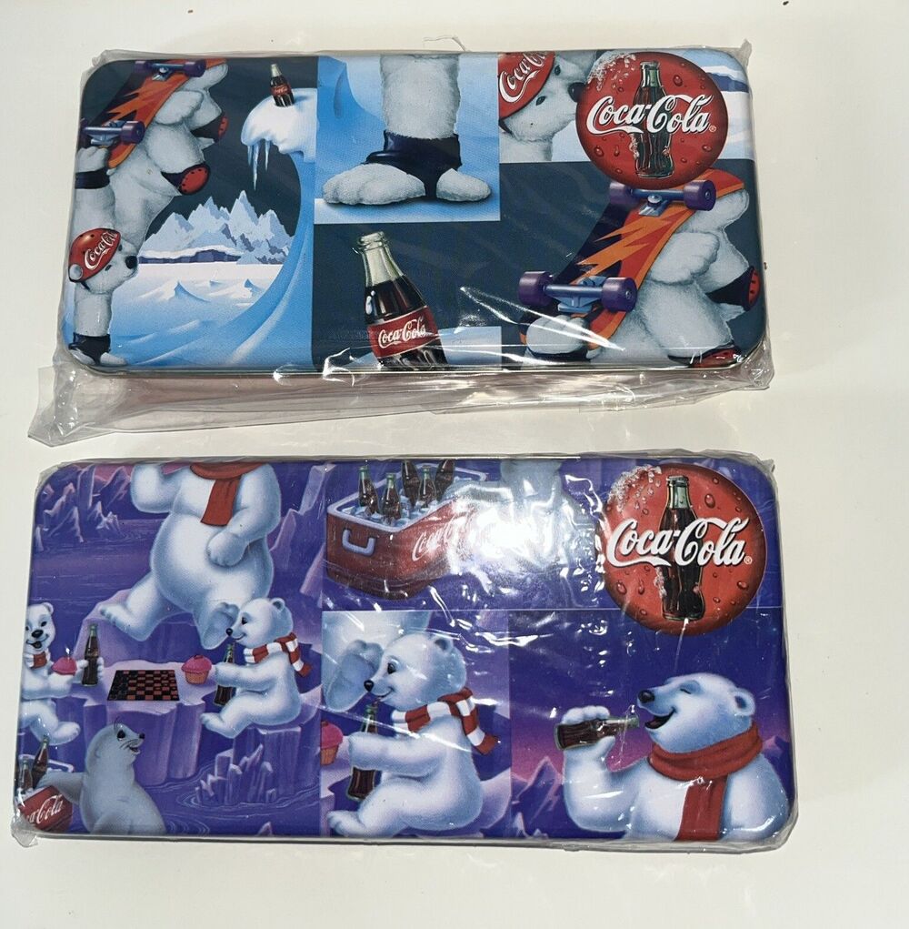 Coca Cola Vintage 1997 Set 2 Pencil Case Skating Polar Bear/ Playing Board Game